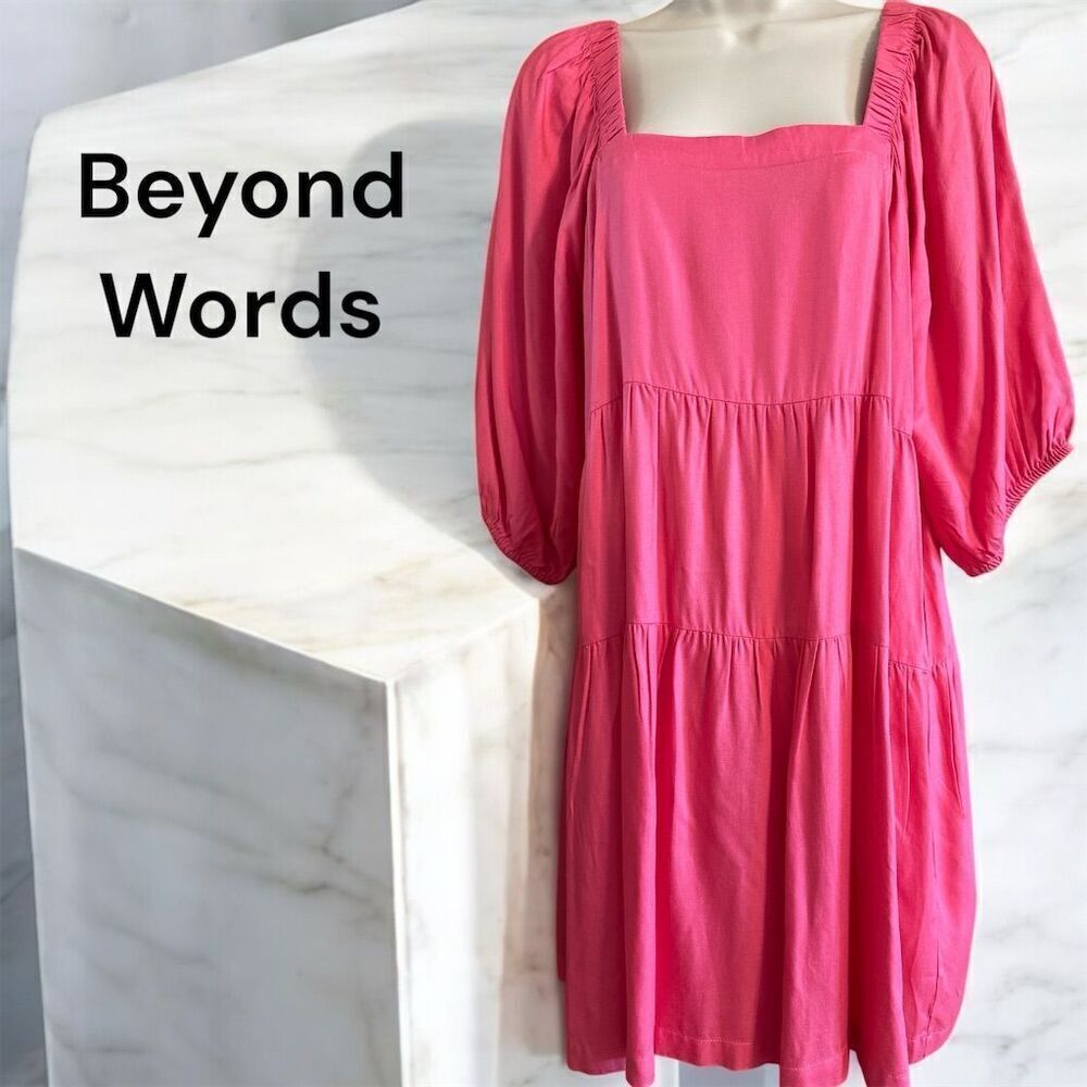 Beyond Words Women's Pink Puff Sleeve Square Neck On Off Shoulder TieredDress
